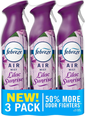 Febreze Air Mist, Air Freshener Spray, Odor Fighting Room Spray, Deodorizer for Home Bathroom Kitchen Office Apartment Dorm Room Classroom, Lilac Sunrise Scent, 8.1oz (Pack of 3)