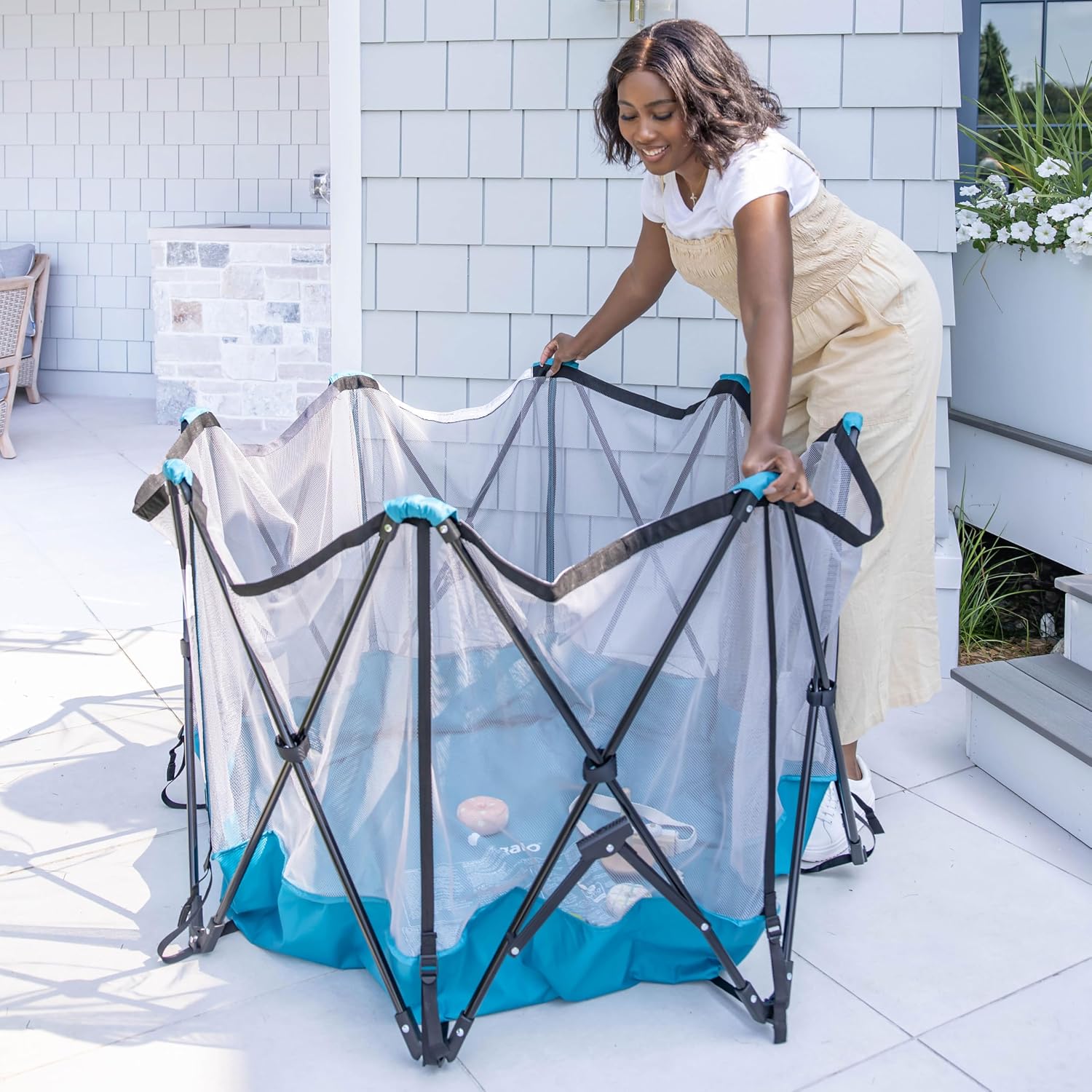 Regalo Safety My Play Deluxe Extra Large Baby Playpen & Portable Play Yard with Canopy, Foldable 8-Panel Indoor Outdoor Playpen for Babies & Toddlers, Mesh Sides, Washable Nylon Bottom, 62", Aqua