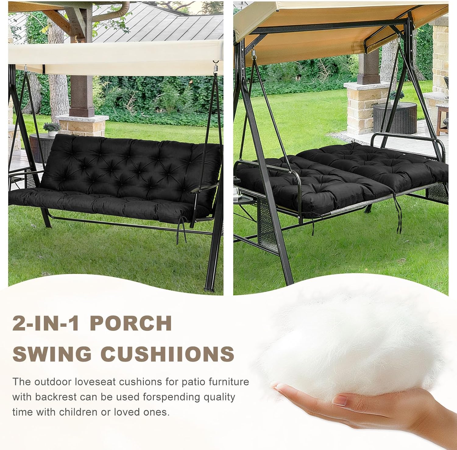 Porch Swing Cushion with Backrest,Waterproof Bench Cushion for Outdoor Furniture,2-3 Seater Replacement Thickened Swing Cushion with Ties,Patio,Outdoor,Backyard and Garden (Black,40x40)