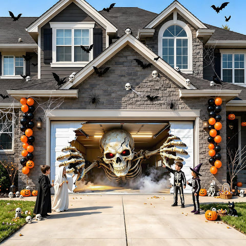 Halloween Garage Door Cover 16x7 FT, Realistic Garage Scene Design