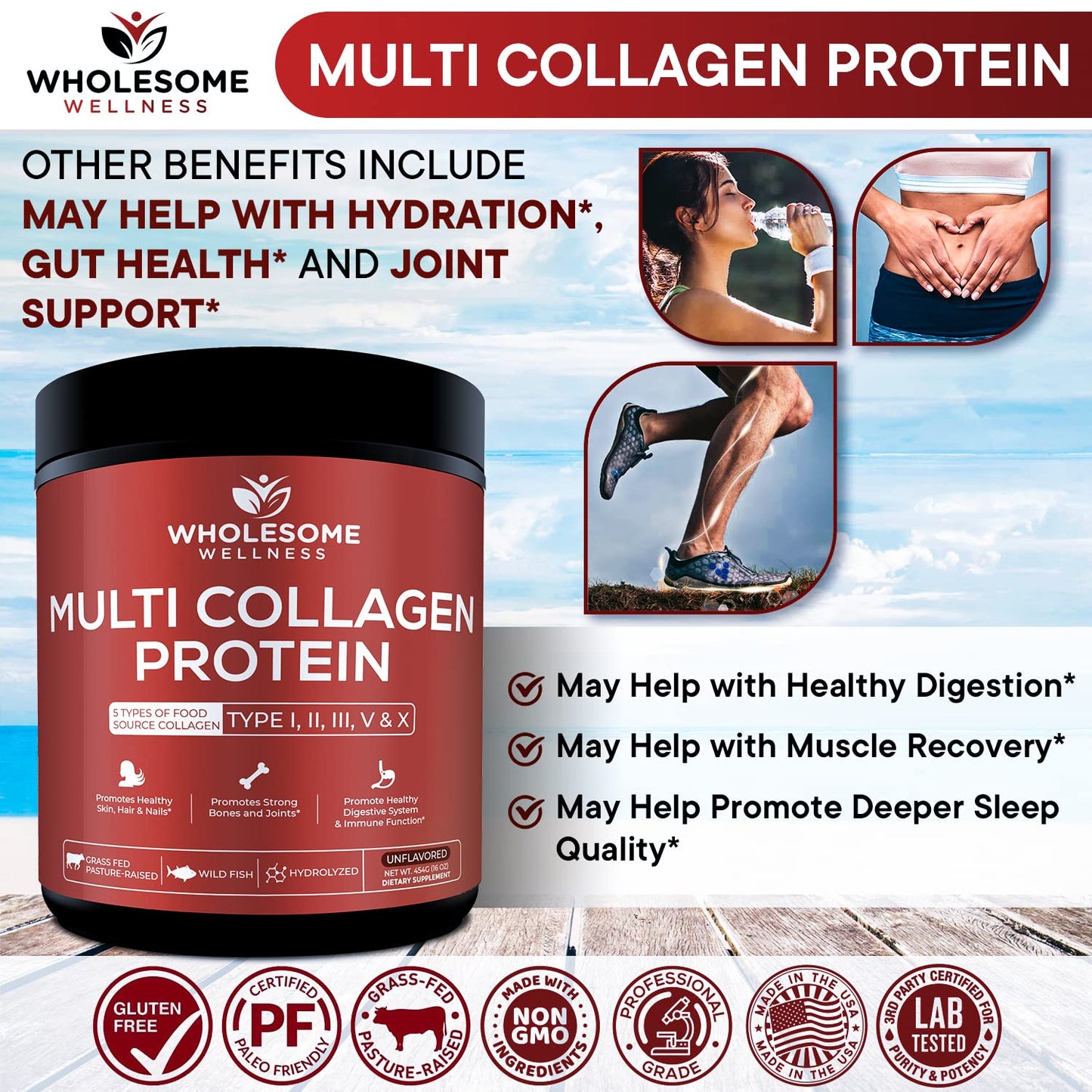 Multi Collagen Protein Powder Hydrolyzed (Type I II III V X) Grass-Fed All-in-One Super Bone Broth + Collagen Peptides - Premium Blend of Grass-Fed Beef, Chicken, Wild Fish, Eggshell Collagen