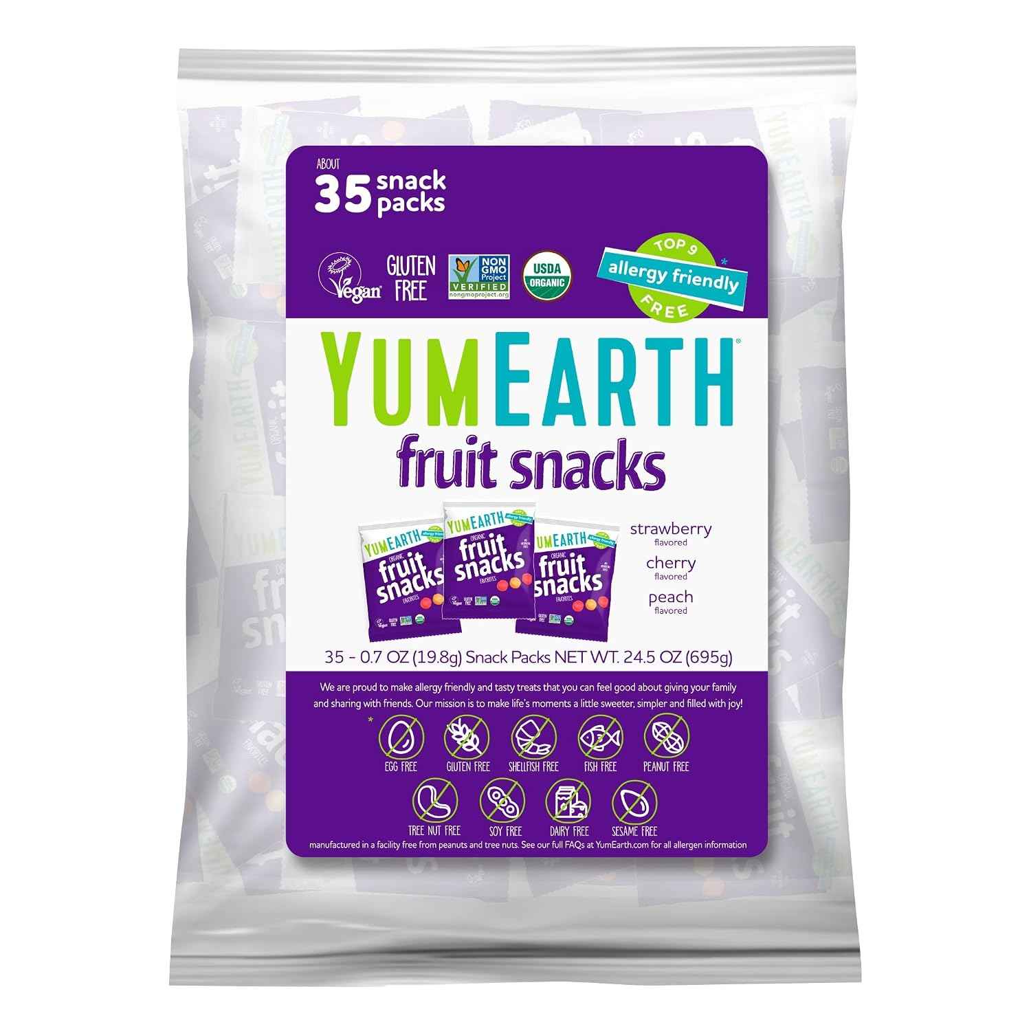 YumEarth Organic Assorted Flavor Fruit Snacks, 0.7oz (Pack of 35) | Snack Packs, Allergy Friendly, Gluten Free, Non-GMO, Vegan, Dye Free