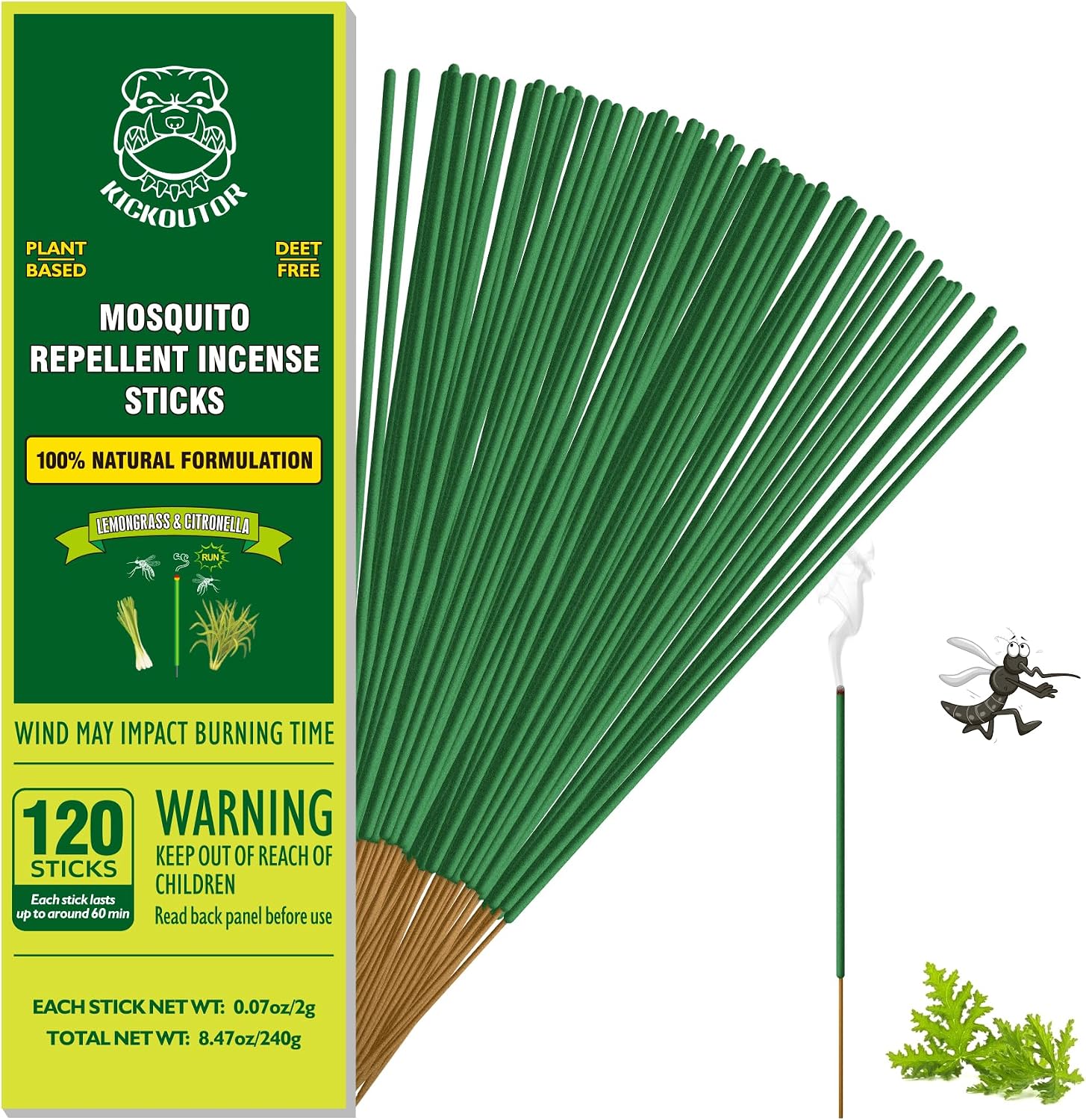 KICKOUTOR Mosquito Repellent Incense Sticks with Citronella Oil, 120 Count