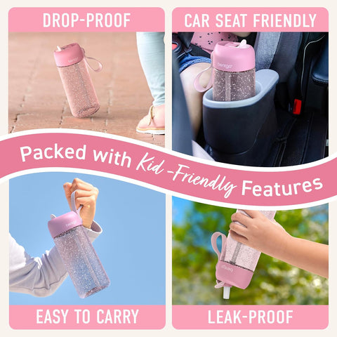 Bentgo Kids Water Bottle - Leak-Proof, Durable Tritan PFAS- & BPA-Free 15 fl oz, Kids/Toddlers Ages 3+ for School & Sports; Bite & Sip Spout, Carrying Handle, Dishwasher Safe (Petal Pink - Glitter)