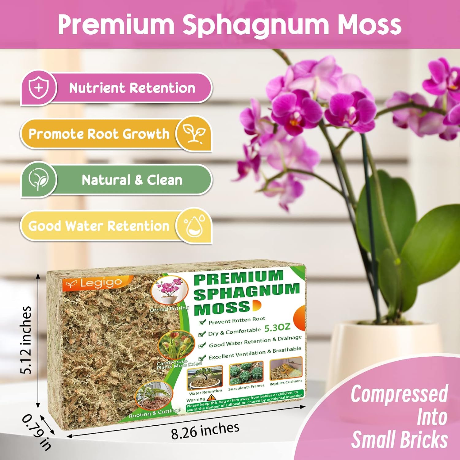 Legigo 5.3OZ Sphagnum Moss for Plants - 6QT Natural Long Fibers Orchid Moss