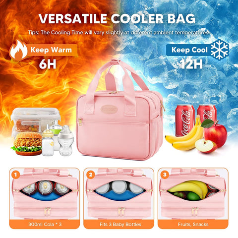 PIIOSER Breastmilk Cooler Travel Bag with Ice Pack, Compatible with Wearable Breast Pumps & Accessories - Portable Hands Free Breast Pump Carrying Case for Nursing & Working Moms, Pink