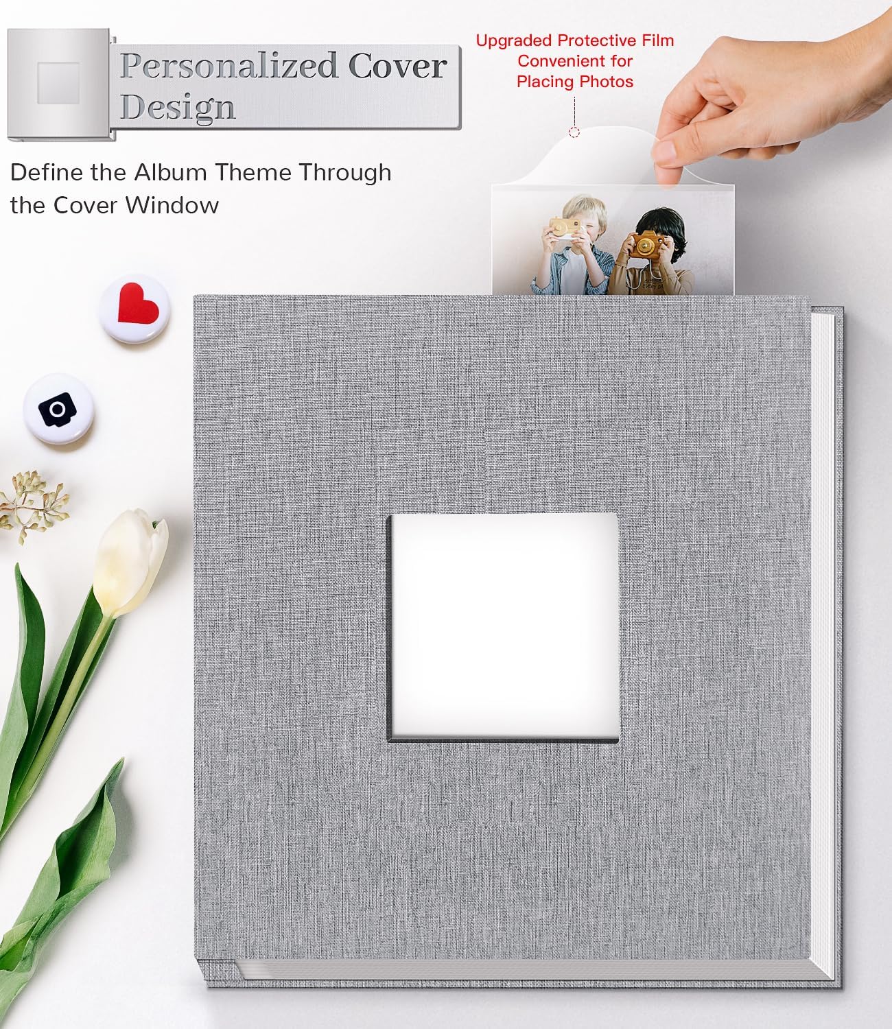 Artfeel Photo Album Self Adhesive Scrapbook Album for 3x5 4x6 5x7 8x10 Pictures,40 Pages Linen Cover with Display Window DIY Photo Book,Ideal Gifts for Family Travel Wedding Baby