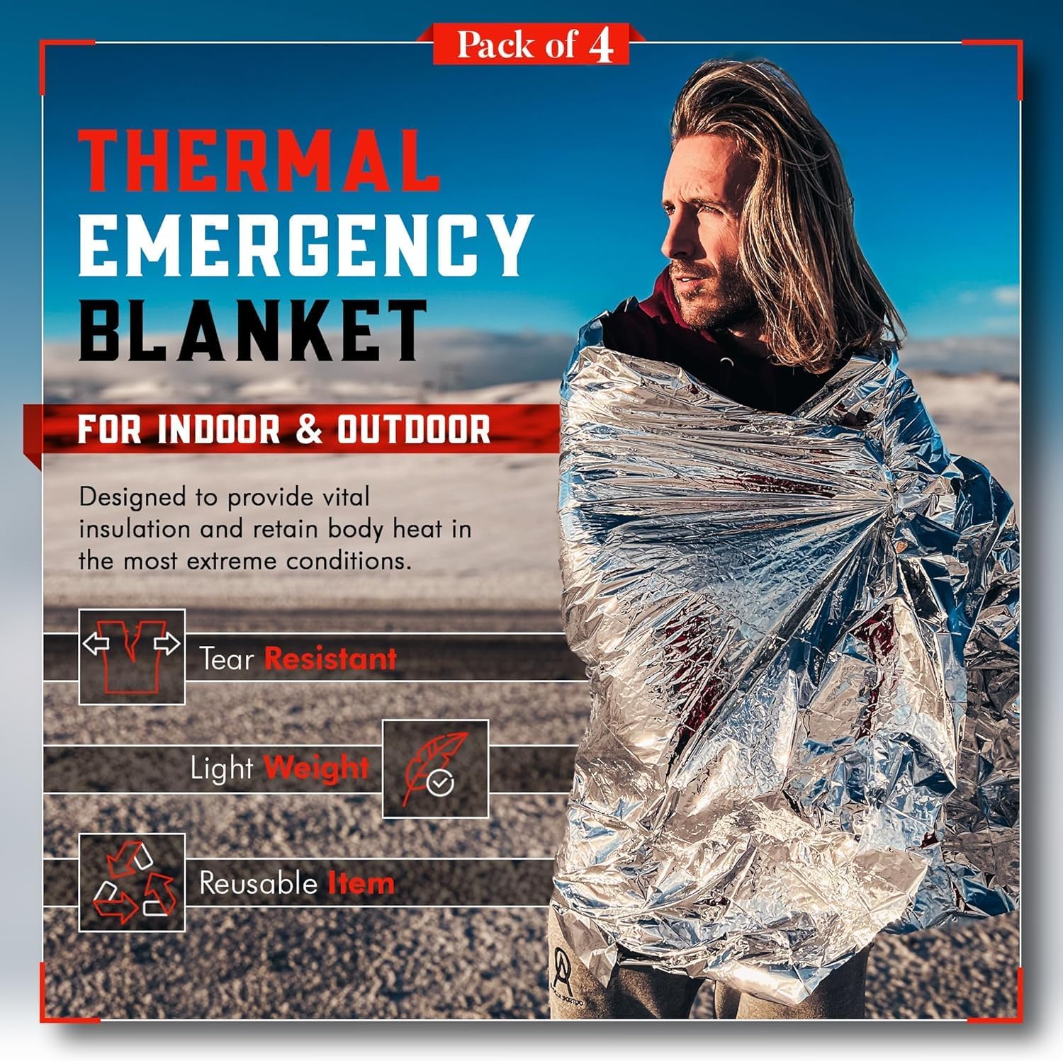 Emergency Blanket Mylar Thermal Space Survival Gear & Supplies 4-Pack Foil