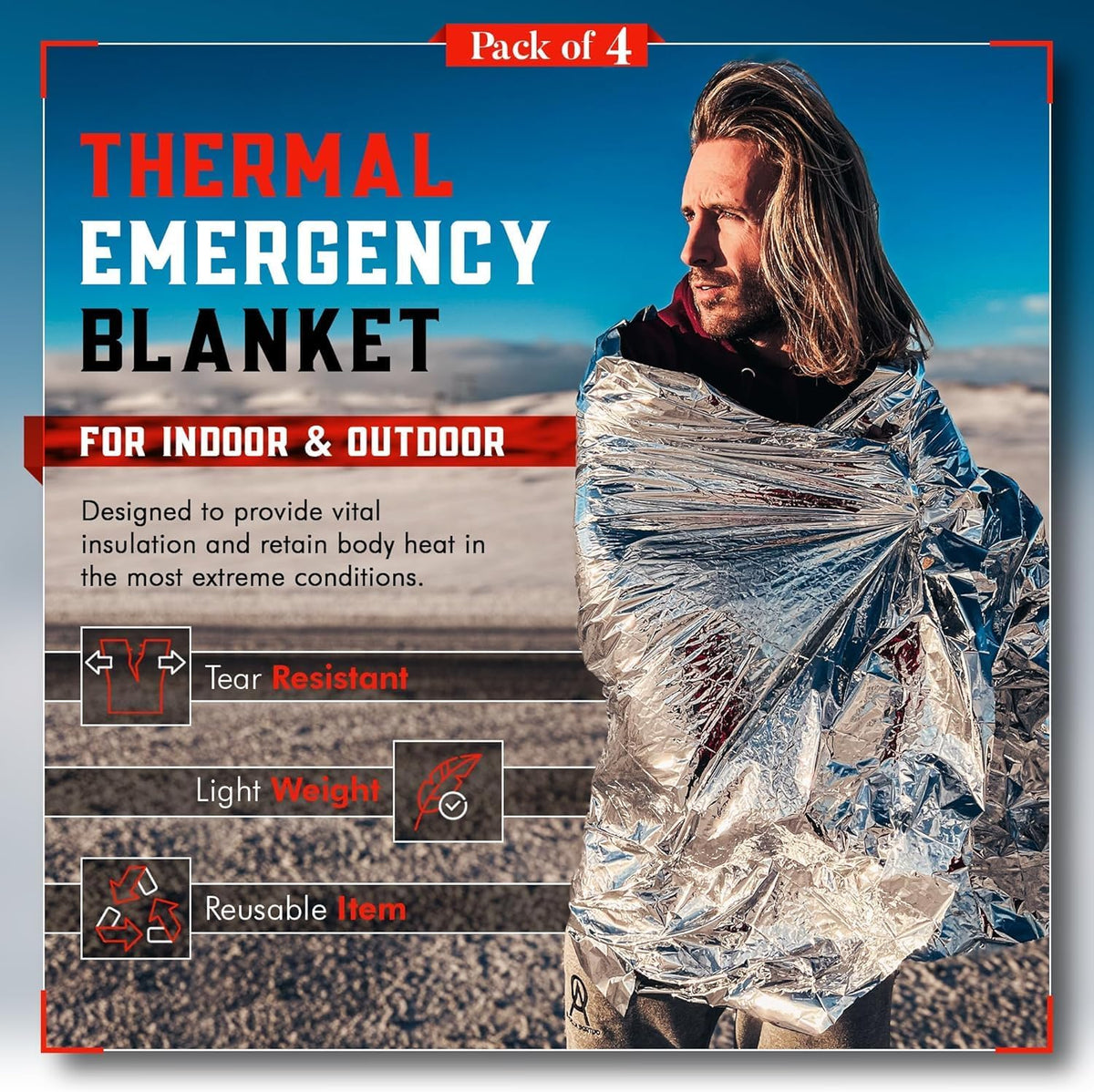 Emergency Blanket Mylar Thermal Space Survival Gear & Supplies 4-Pack Foil
