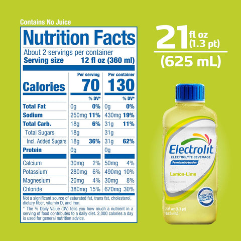 Electrolit, Electrolyte Beverage, Lemon-Lime, 21 Fl Oz (12 Pack) | Hydration Sports Drinks with Electrolytes, Magnesium, Calcium & Potassium, Recovery Drink for Post Workout