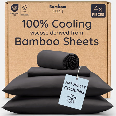 Bambaw 100% Viscose Derived from Bamboo Sheet Set Twin – 4-Piece Twin Sheets Set, Cooling, Soft & Breathable, Deep Pocket Fits Up to 15" Mattresses with Elastic Corner Straps (Black)