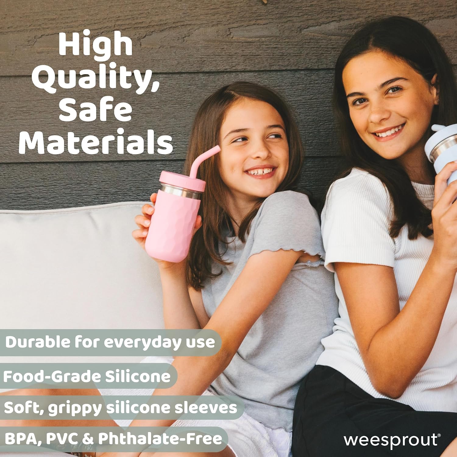 WeeSprout 2-in-1 Drinking Cups for Kids, Durable Stainless Steel Tumbler for Smoothies, Silicone Straws with Stoppers, Premium Plastic Twist Lids, Easy-Grip Sleeves, Set of 4 Dishwasher Safe Kid Cups