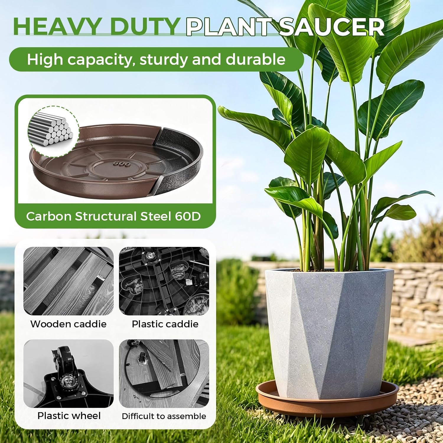 Plant Caddy With Wheels 16" Metal Plant Saucers for Indoors 420 Lb Capacity