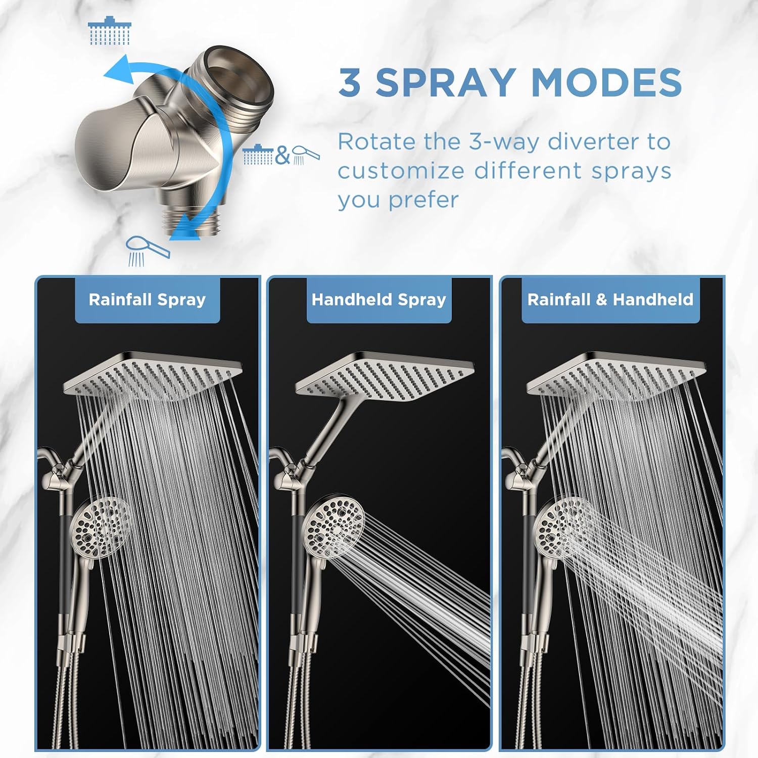 Dual Handheld Shower Head Combo, 2-in-1 Rain Shower Heads System Wide Rainfall Shower Head and 10 Modes High Pressure Hand Held Showerhead with Built-in Power Wash - Brushed Nickel