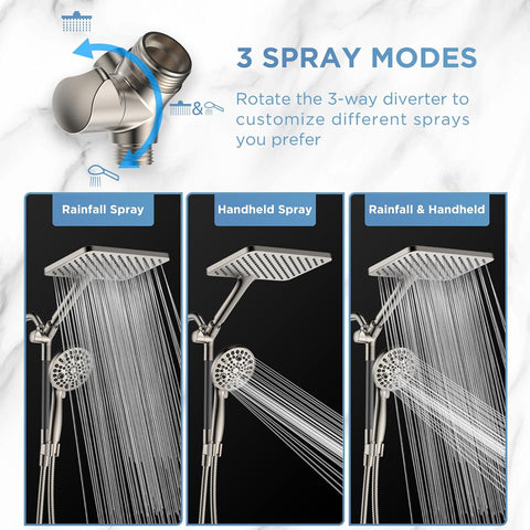 Dual Handheld Shower Head Combo, 2-in-1 Rain Shower Heads System Wide Rainfall Shower Head and 10 Modes High Pressure Hand Held Showerhead with Built-in Power Wash - Brushed Nickel