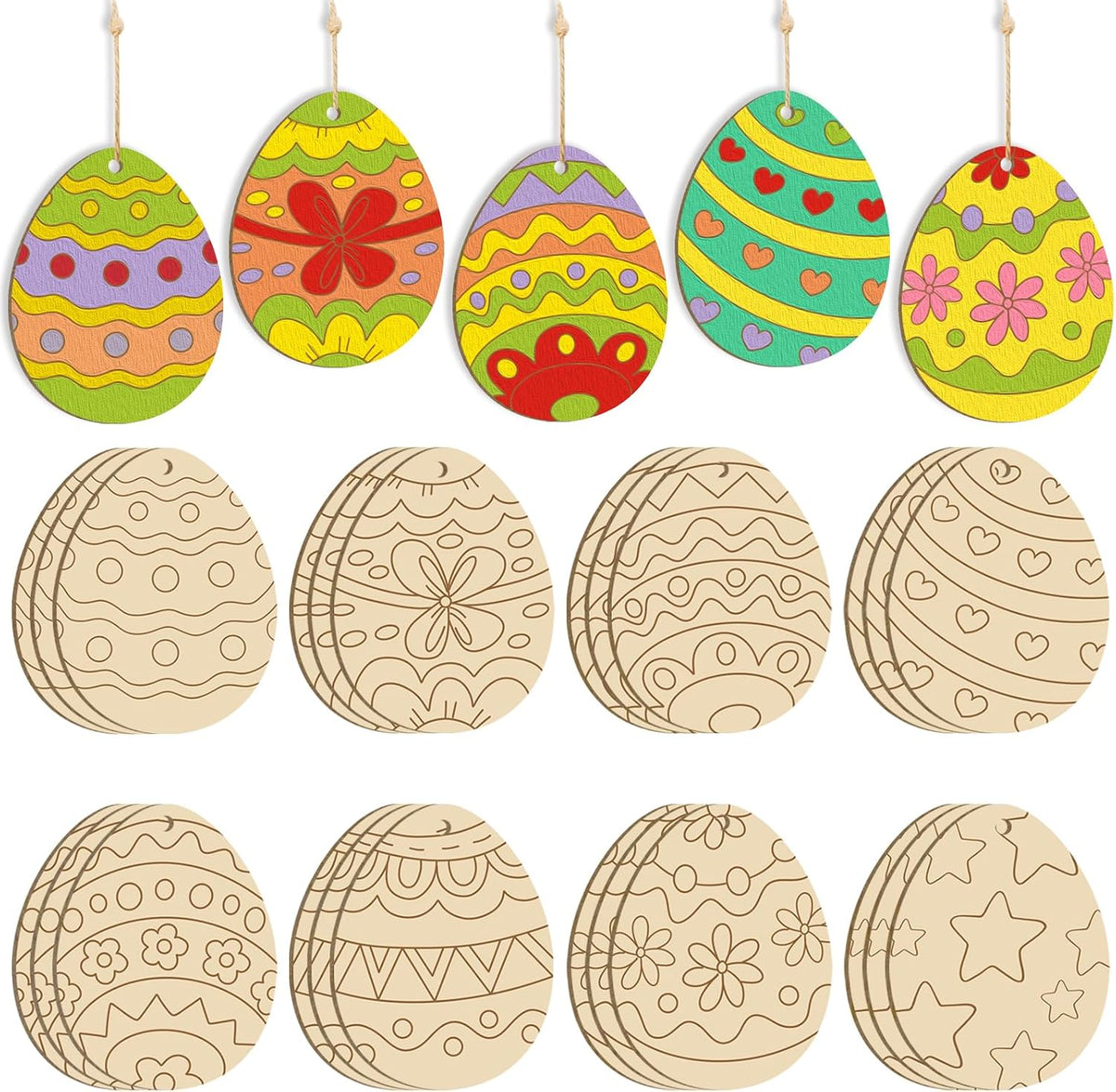 24PCS Wooden Egg Ornaments to Paint Easter Decoration Cutouts Unfinished 8 Different Patterns, DIY Blank Unfinished Wood Discs Ornament for Home Crafts Hanging Spring Decoration 3.5 inches