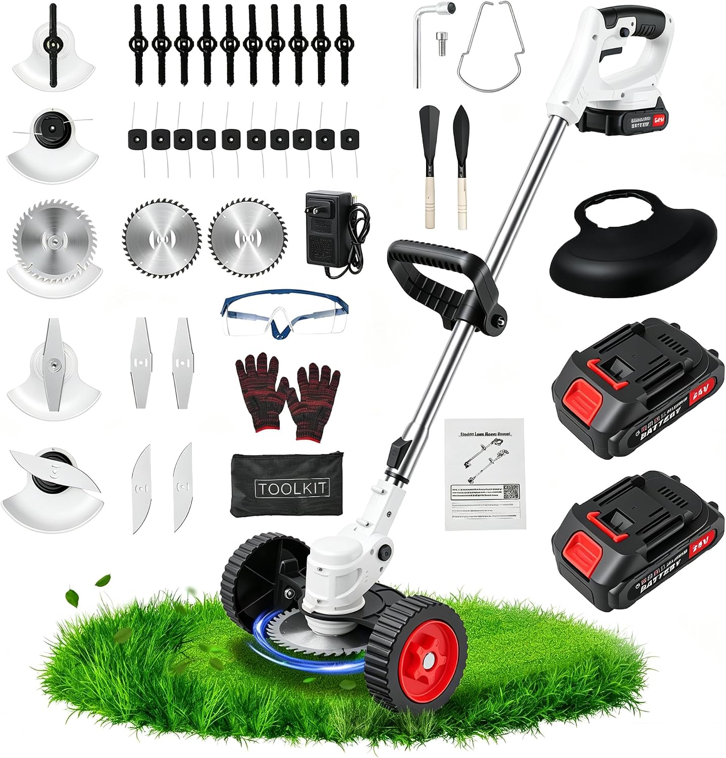 24V Cordless Weed Wacker with Wheels, Adjustable Weed Eater & Grass Cutter