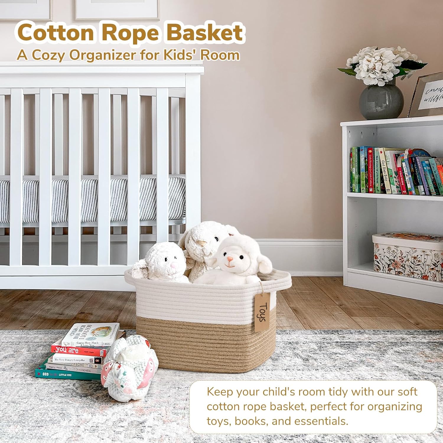 Goodpick Woven Rope Storage Basket for Shelves, Rectangle, Jute