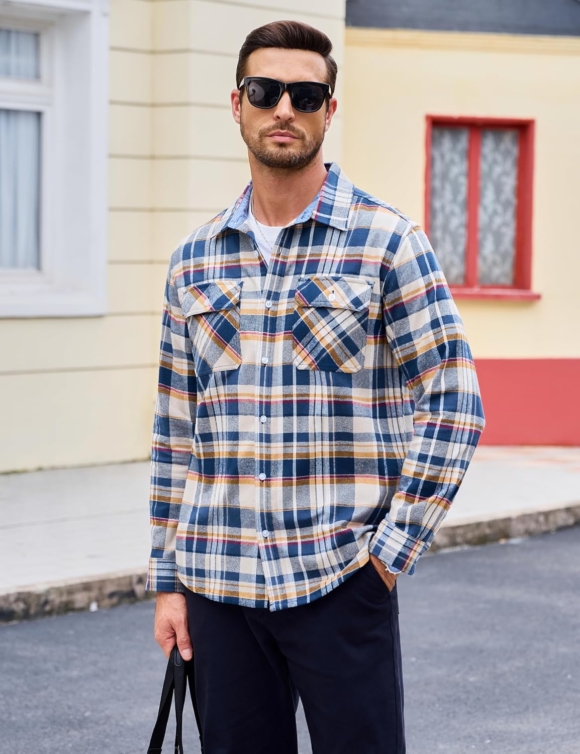 MAGCOMSEN Mens Flannel Shirts Long Sleeve Cotton Plaid Button Down Shirt