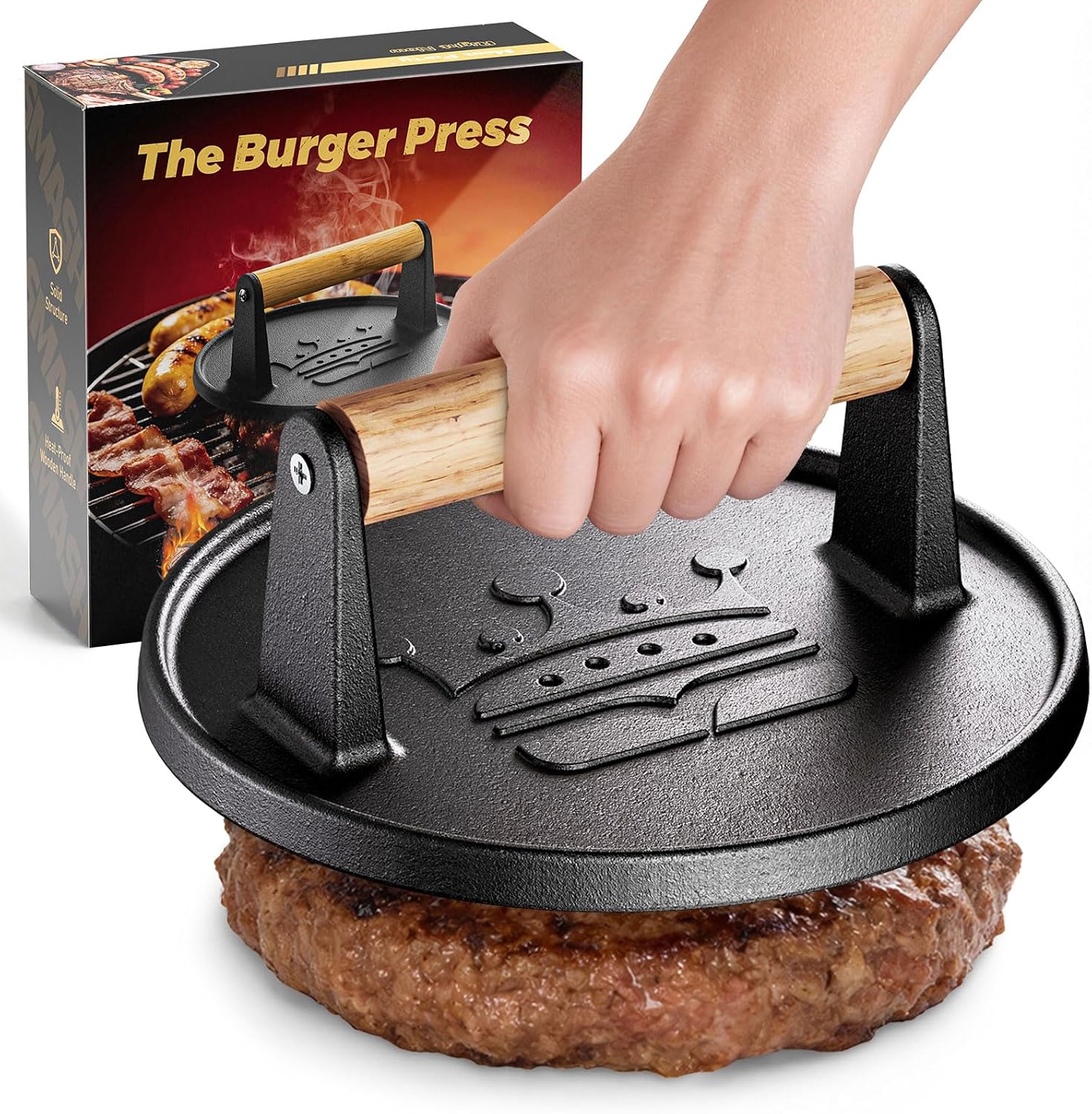 Smash Burger Press 6.5",Cast Iron Flat Round Burger Smasher, Gift