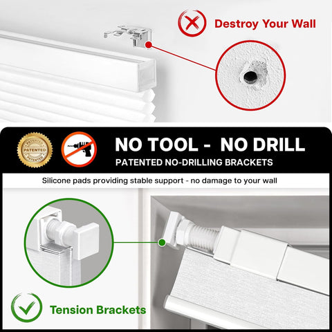 LazBlinds No Drill Cordless Cellular Shades, 34 1/2"W × 64"H, Silver White