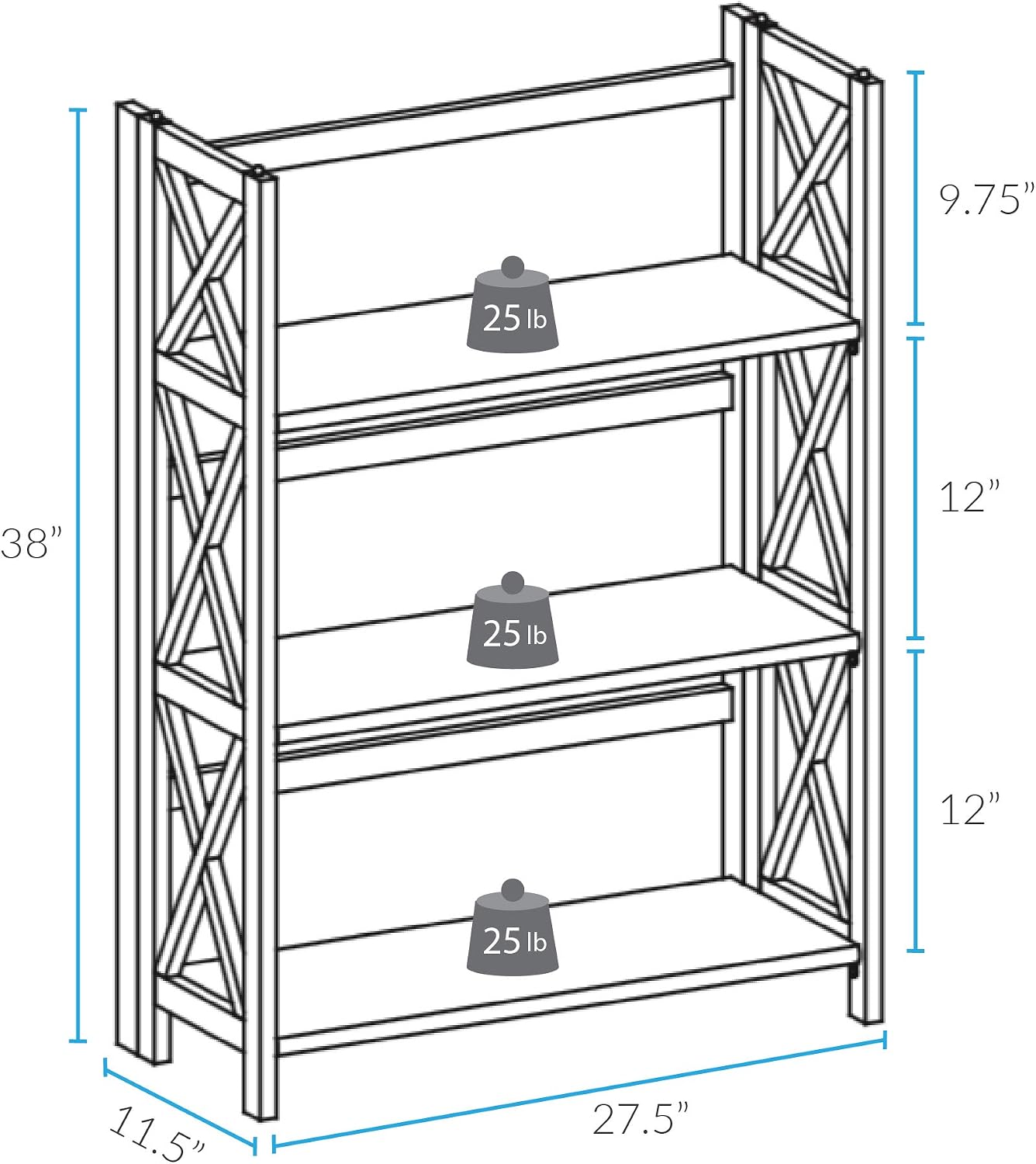 Casual Home Montego 3-Shelf White fold bookcase, 27.5" Wide