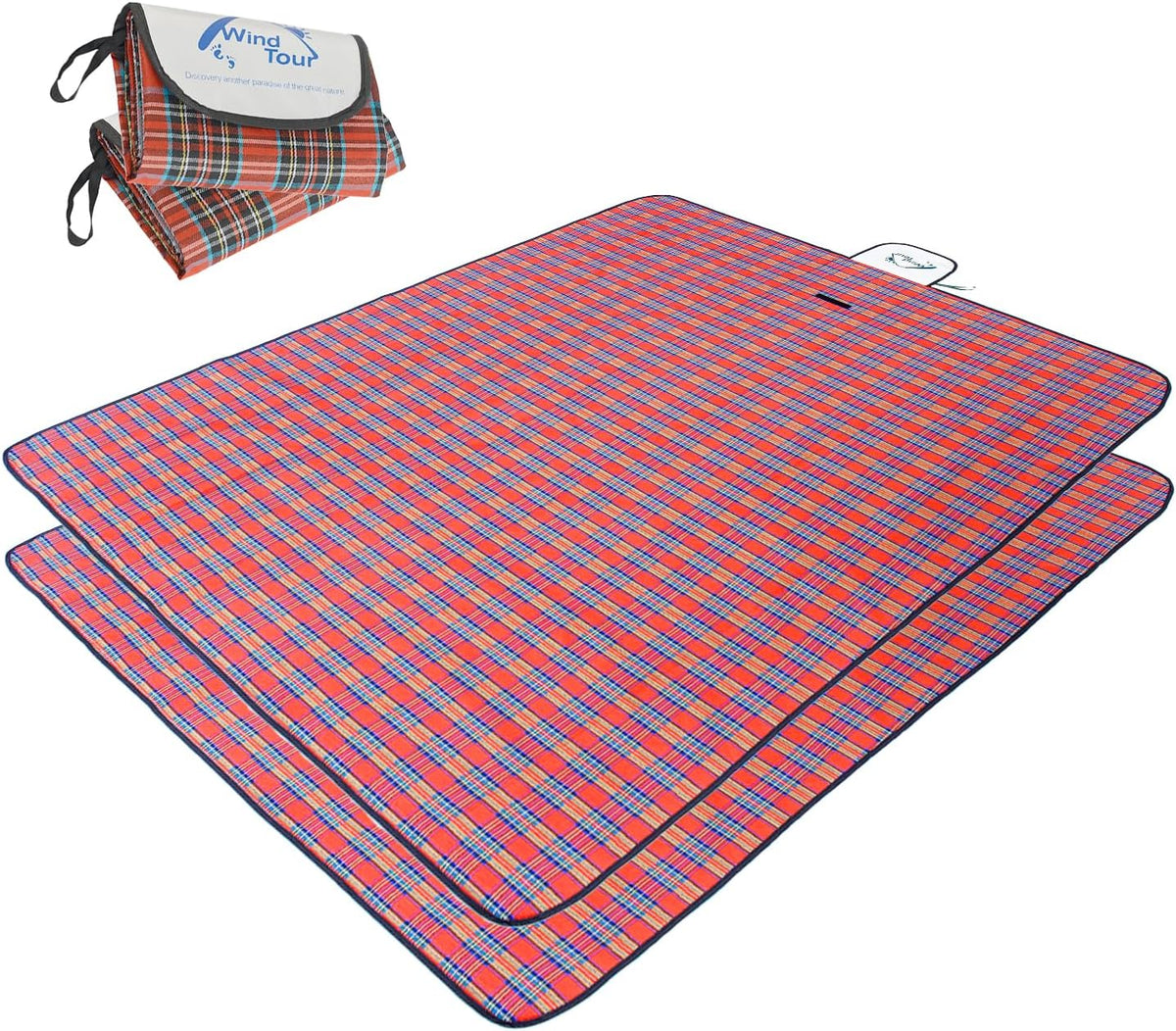 Wind Tour Waterproof Picnic Blanket with Carry Strap - Foldable Sandproof Outdoor Mat for Camping, Beach, Park - 59" x 71",Red (Two Mat Set)