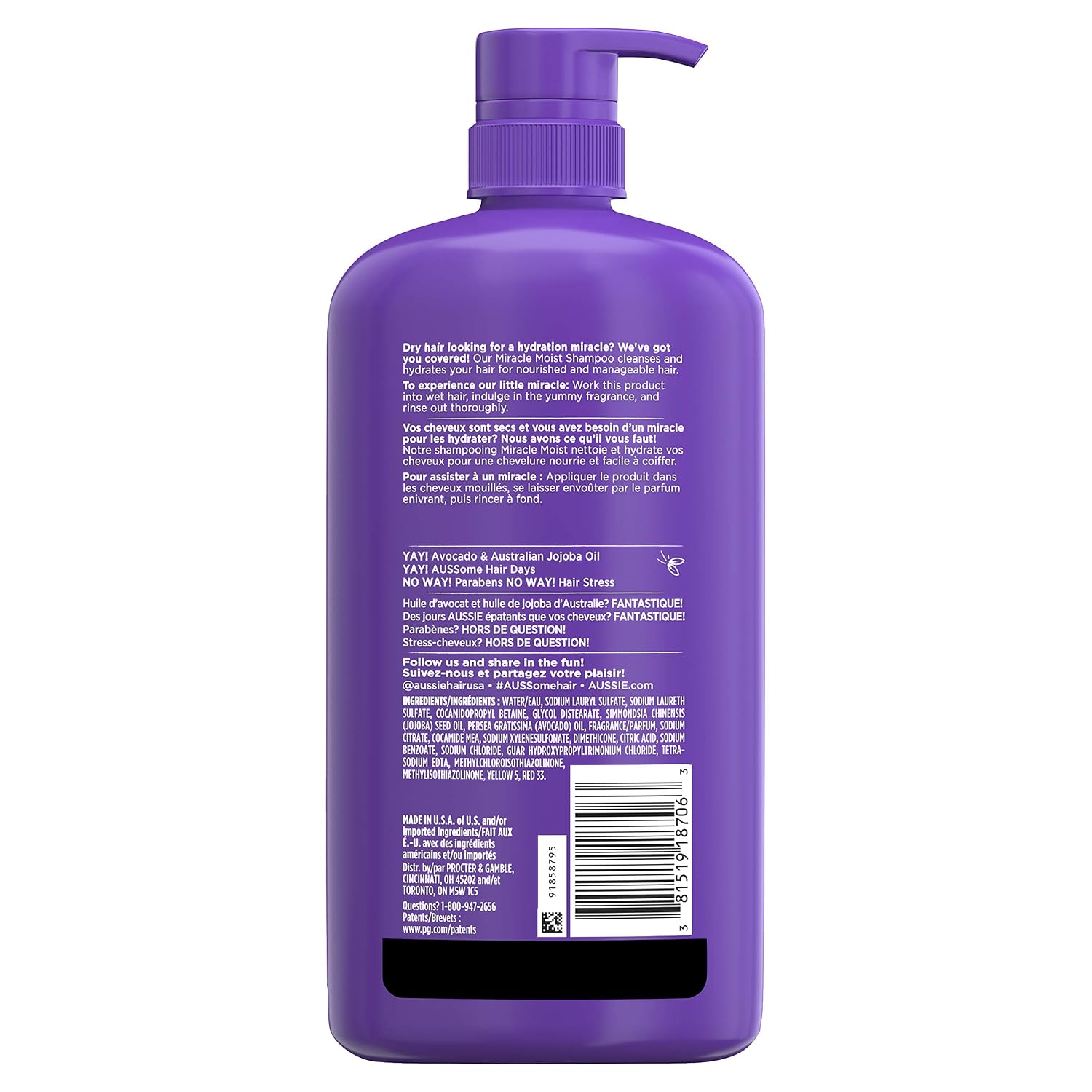 Aussie Miracle Moist Shampoo with Avocado & Jojoba for Dry Hair, Paraben-Free, 30.4 Fl Oz, (Pack of 4)