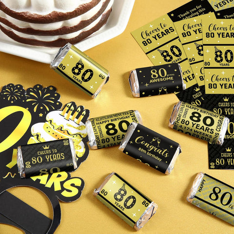 Tenare 90 Pcs 80th Birthday Candy Wrappers, Black and Gold Stickers