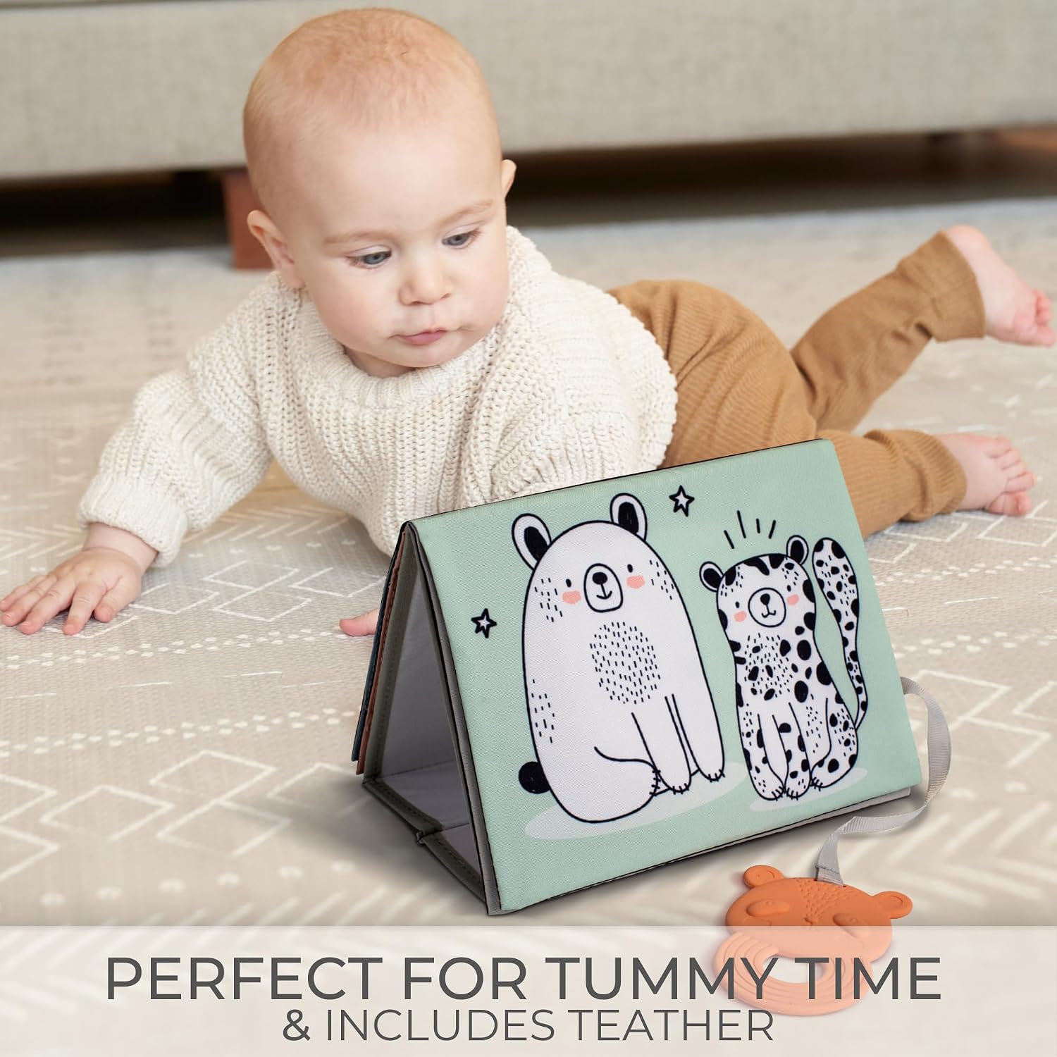Soft Tummy Time Book w/ Baby Safe Mirror - High Contrast Montessori Toy