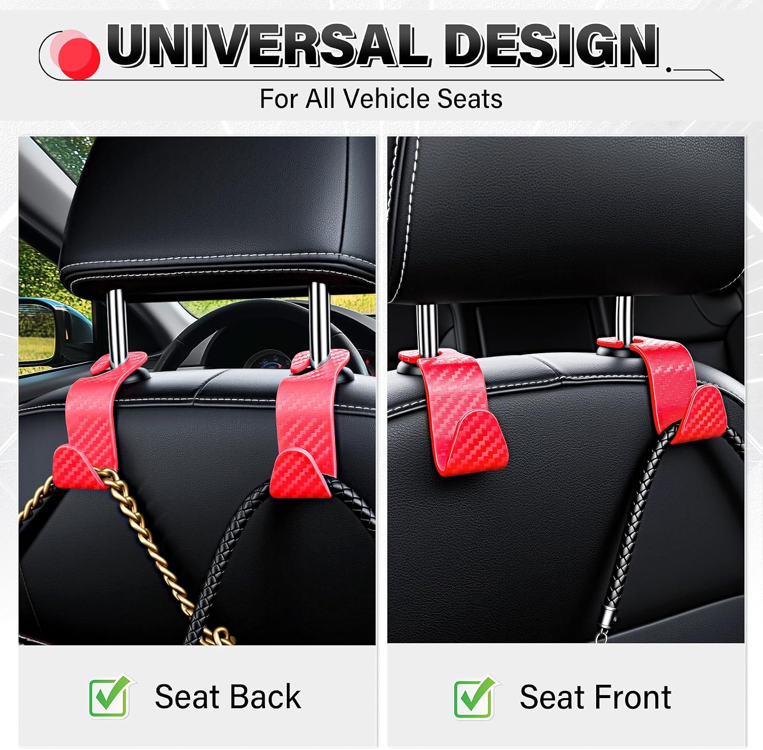 SINGARO Universal 4 Pack Car Seat Headrest Purse Hook, Carbon Fiber Back Seat Hook Storage Organizer Hanger for Purse Handbag Coat, Car Interior Accessories(Red)