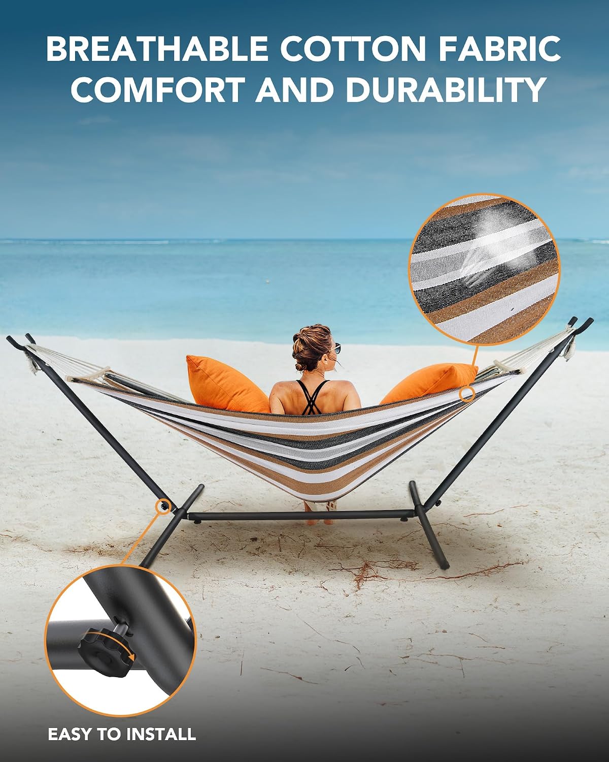 Everyfun Double Hammock with Stand for 2 Person, 600 lb Capacity, Coffee