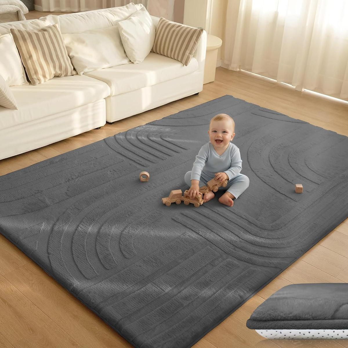 1.3" Thick Fluffy Baby Play Mat for Floor,Elasti Foam Padded Area Rug for Living Room Bedroom,Ultra Soft 3D Carved Kids Rug,Non-Slip Nursery Crawling Mat for Toddlers,4’x6’ Playroom Carpet(Charcoal)