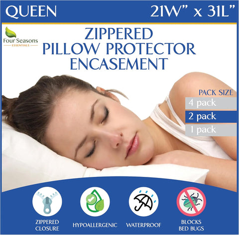 Queen Size Waterproof Pillow Protectors (Set of 2) – Zippered Hypoallergenic Pillowcase Cover Allergen Dust Proof Encasement