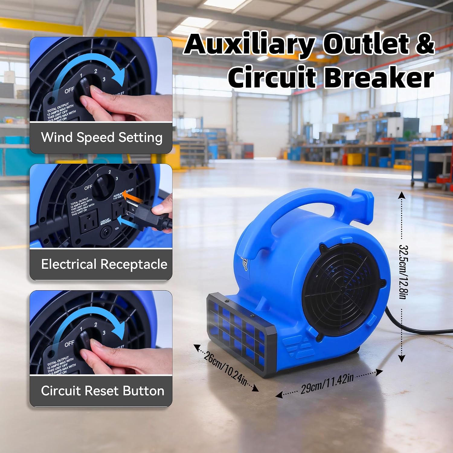 BEYOND BREEZE 1/4 HP 1000 CFM Air Mover Blower Fan with 3 Speeds, Blue