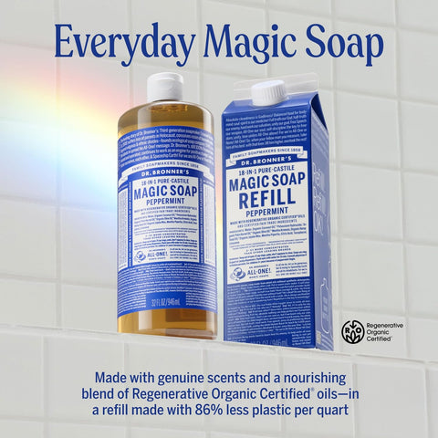Dr. Bronner's Pure-Castile Liquid Magic Soap Bottle & Refill Carton - Made with Regenerative Organic Certified Oils- 18-in-1 Uses for Face, Body Wash, Hand Soap Refill- Peppermint, 32oz