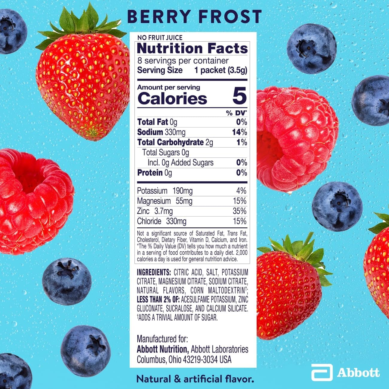 Pedialyte Electrolyte Drink Mix With Zero Sugar | Hydration With Key Electrolytes | Great Hydration Low in Calories | Berry Frost, 8 Powder Packets