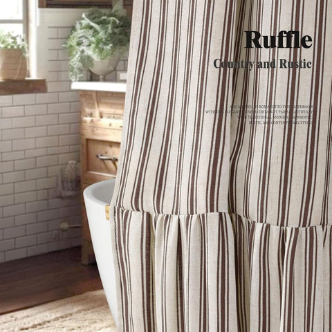 Farmhouse Shower Curtain Ruffle Linen Cream-Brown Stripe 72"W x 78"L