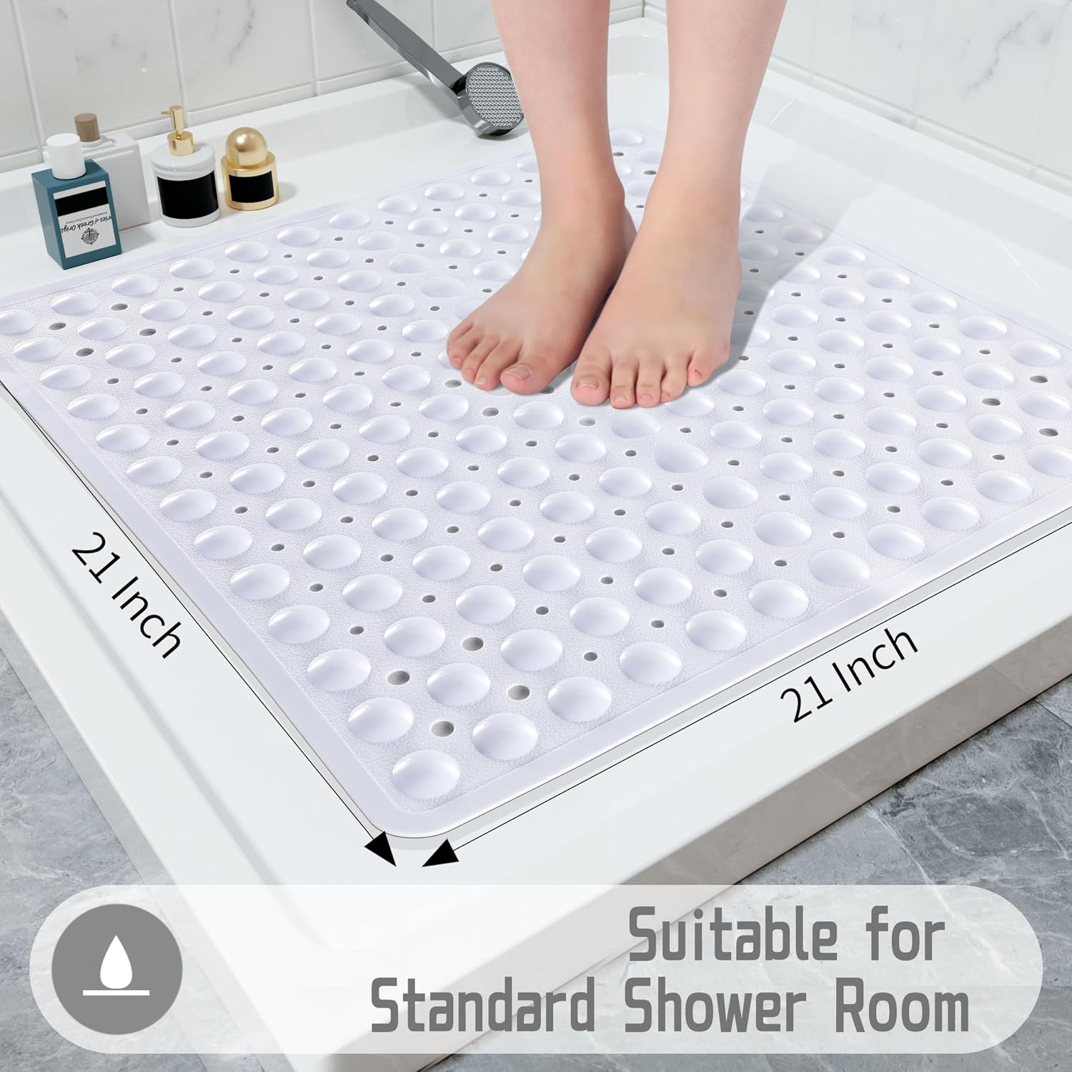 Yimobra Shower Mat 21X21 Inch Square, Non Slip Bathtub Mat with Large Suction Cups&Drain Holes, Soft Fast Dry Shower Stall Mats for Inside Shower, Machine Washable BPA-Free, Bath Essentials, White