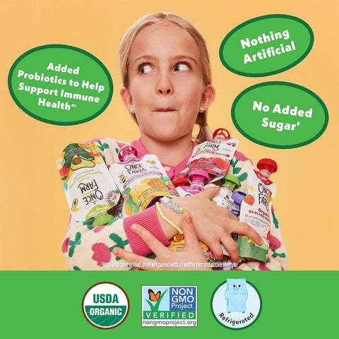 Once Upon a Farm Organic Immunity Blend Mango, Banana & Spirulina and Apple, Cherry & Elderberry Pouch Multipack, 4-3.2oz