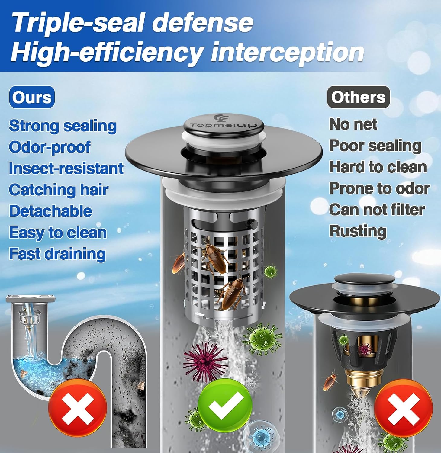 Bathroom Sink Drain Strainer, Pop-up Sink Drain Strainer with Removable Stainless Steel Strainer Basket Hair Catcher, Bathroom Sink Strainer for Bathroom Sink Stopper Replacement