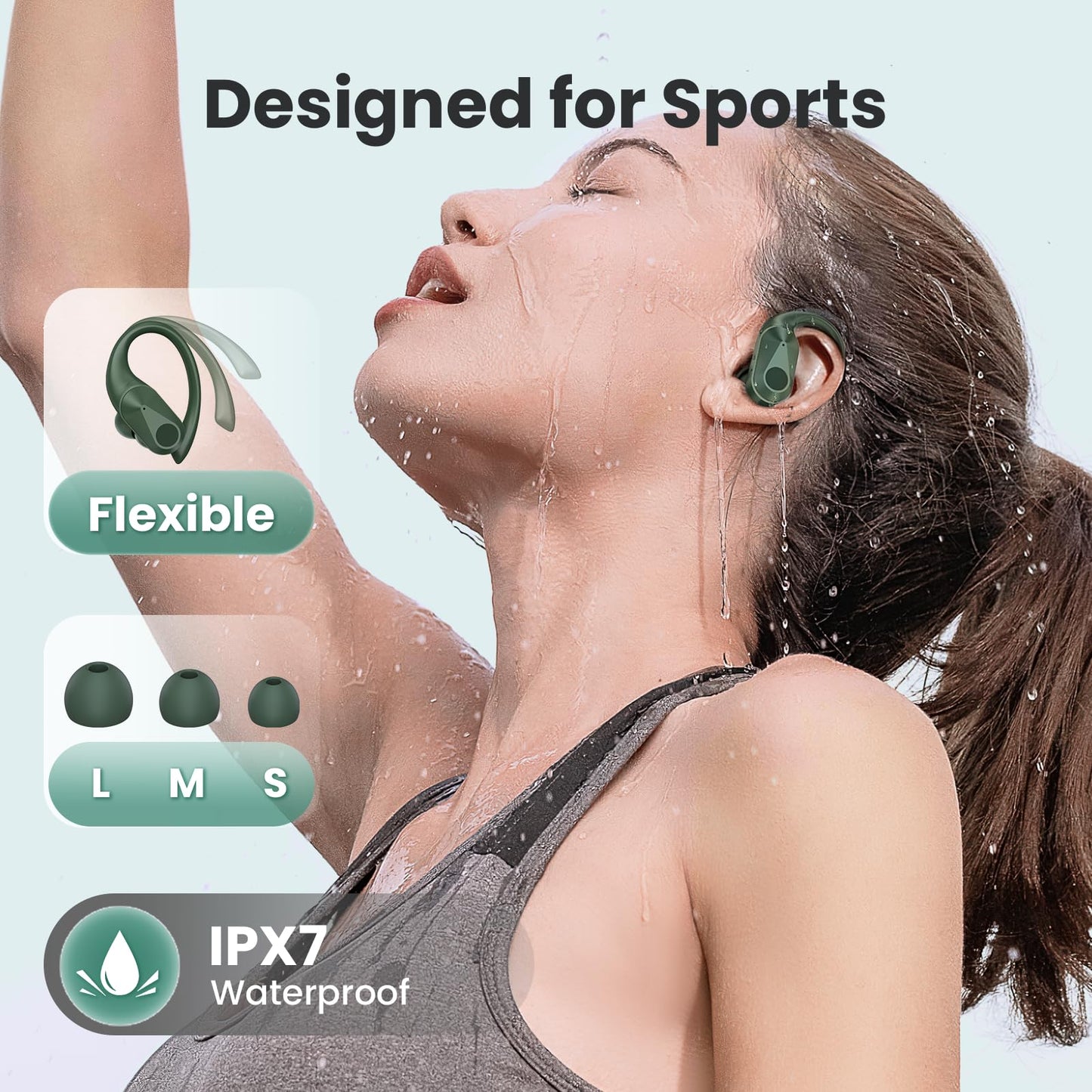 Bluetooth Headphones Wireless Earbuds 90Hrs Playtime Ear Buds IPX7 Waterproof Sports Earphones with Wireless Charging Case & Over-ear Earhooks LED Power Display Stereo Headset for Workout Olive Green