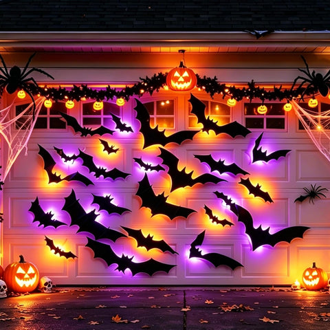 Dazzle Bright 100 PCS Halloween Bats Stickers with 60 Purple and Orange Lights, Lighted 3D Bat Wall Stickers, Halloween Decorations for Indoor Home Garage Window Decor Party Supplies