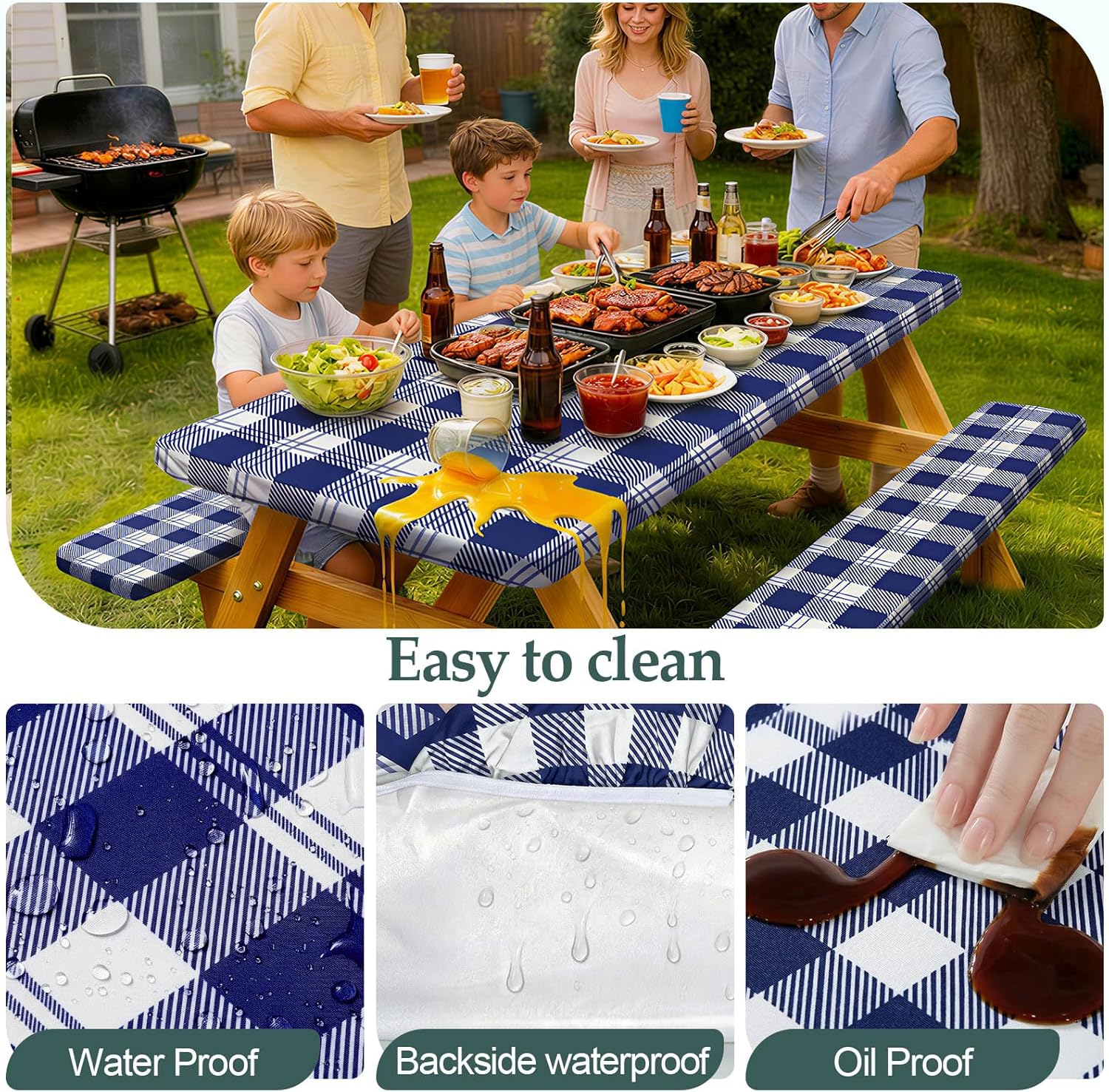 Picnic Table Cover with Bench Covers Camping Essentials Waterproof Windproof Camping Tablecloth with Drawstring Bag, Fitted Rectangle Tables and Seats, 72in, Blue Checkered