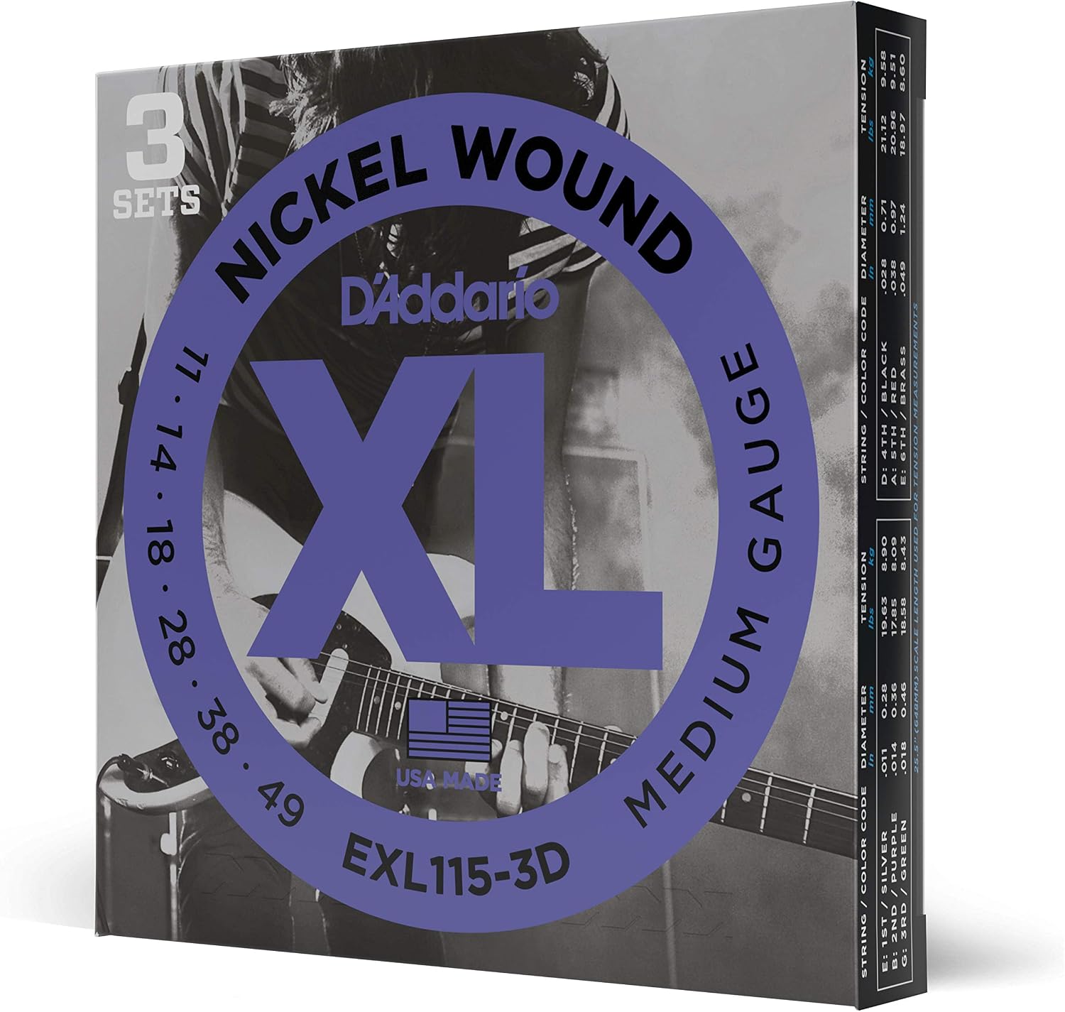 D'Addario XL Nickel EXL115-3D Electric Guitar Strings, 11-49, 3 Sets