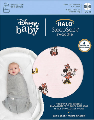 HALO Disney Baby 100% Cotton Sleepsack Swaddle, 3-Way Adjustable Wearable Blanket, TOG 1.5, Minnie Fun, Small, 3-6 Months