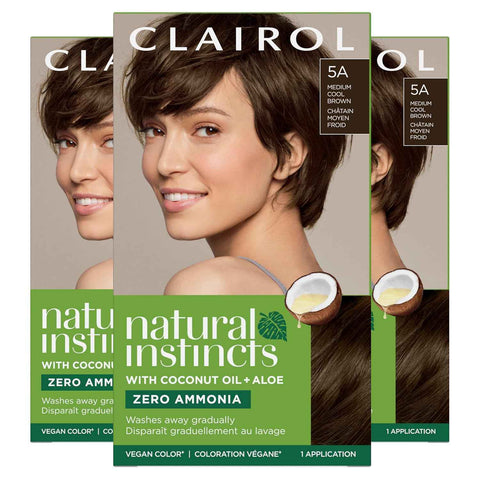 Clairol Natural Instincts Demi-Permanent Hair Dye, 5A Medium Cool Brown | Ammonia‑Free, Vegan Hair Color with Coconut Oil & Aloe Vera | Pack of 3