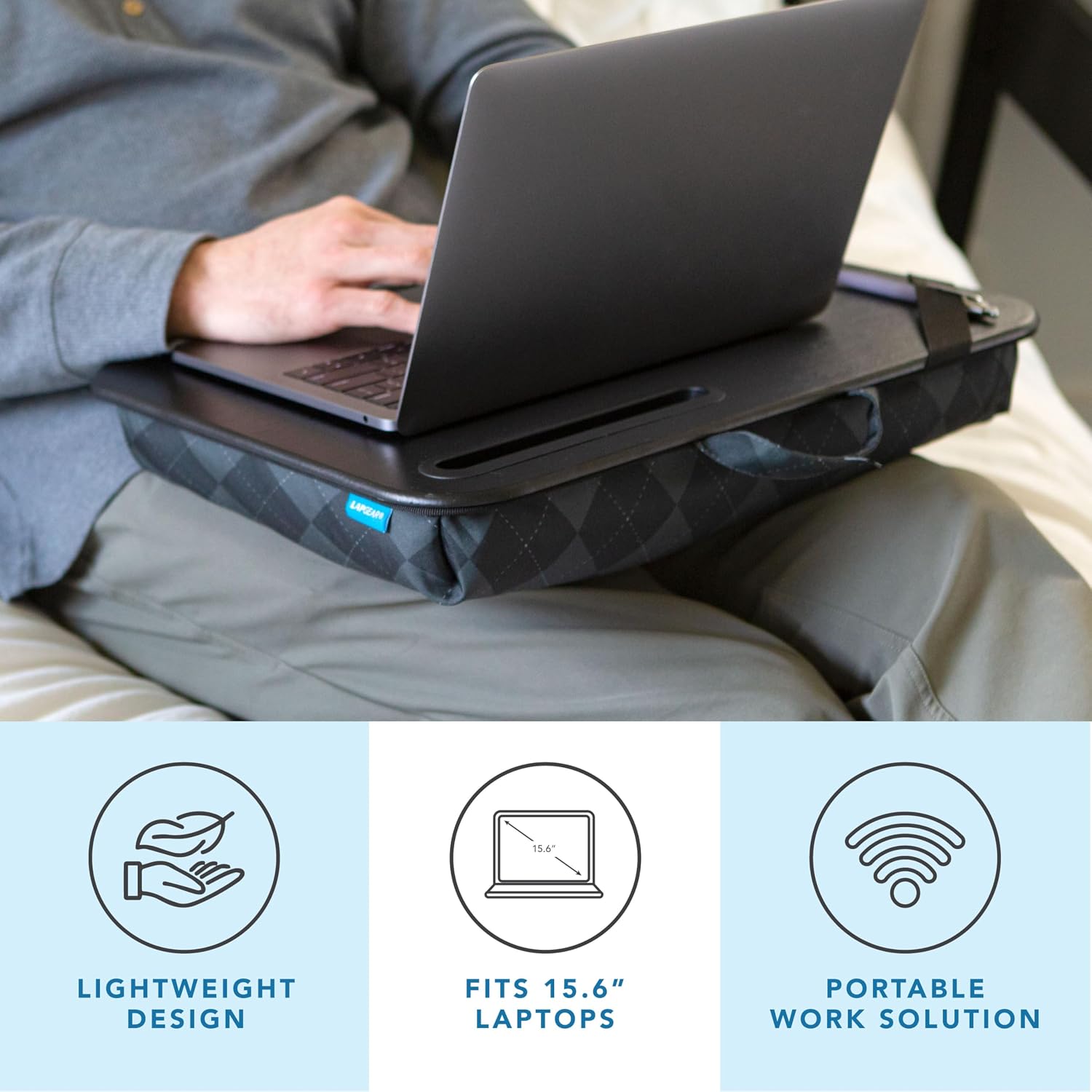 LAPGEAR Designer Lap Desk – Gray Argyle, Fits 15.6” Laptops | Built-In Phone Slot, Device Ledge, Conforming Microbead Cushion, Carry Handle