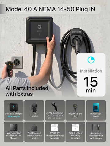 EVIQO Level 2 EV Charger J1772 40A NEMA 14-50 - 240V Wall Charging Station