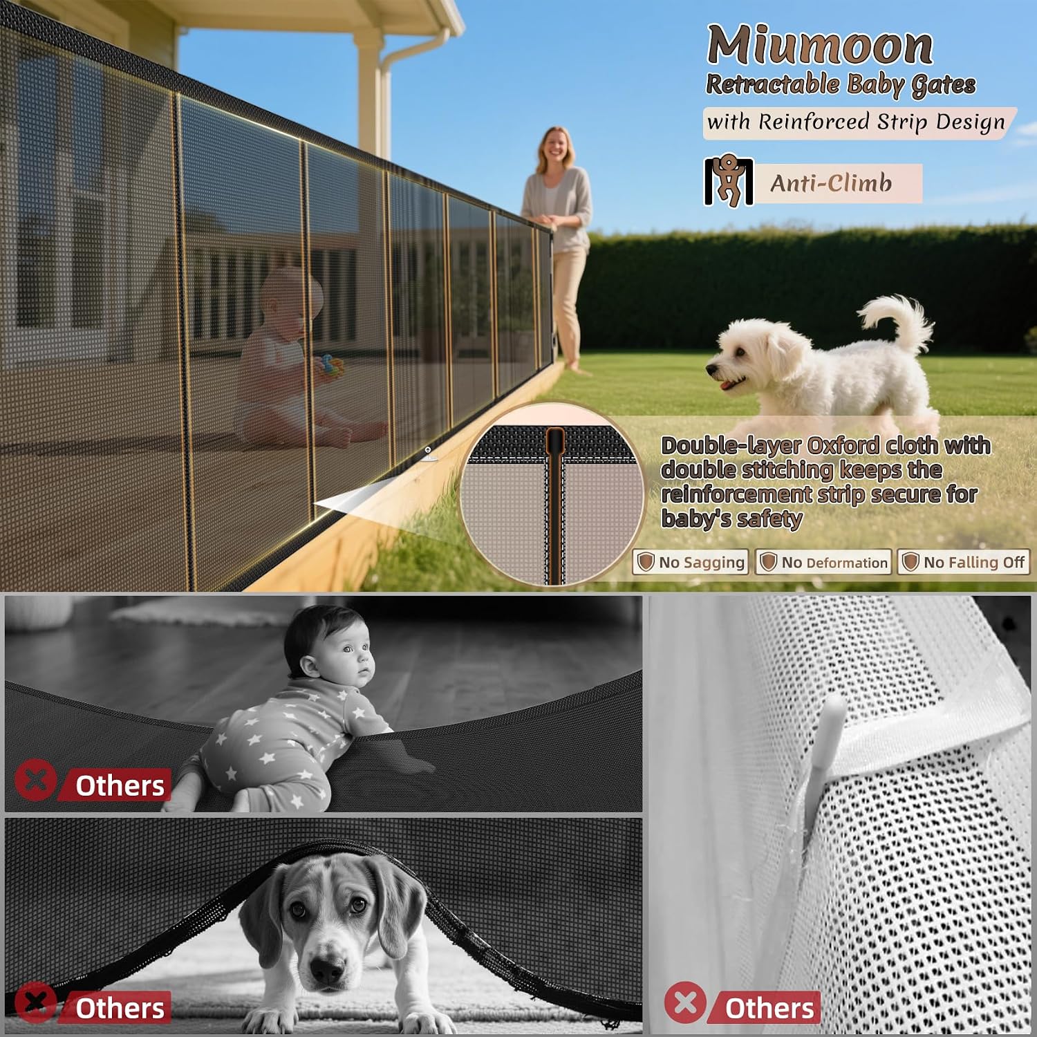 Miumoon 120 inch Reinforced Retractable Baby Gates 34 inch Tall